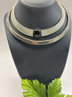 Two Hard Collar Necklaces One with Oval Black Stone + Second Wide Omega