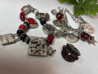 Two Statement Charm Bracelets Art Deco Style Red Stone Ring expandable