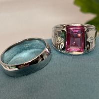 925 Sterling Silver Wide Stamped Band Ring Size 9.5 Size 7 Square Pink Stone Ring Stamped Gold Plated By Caratolad