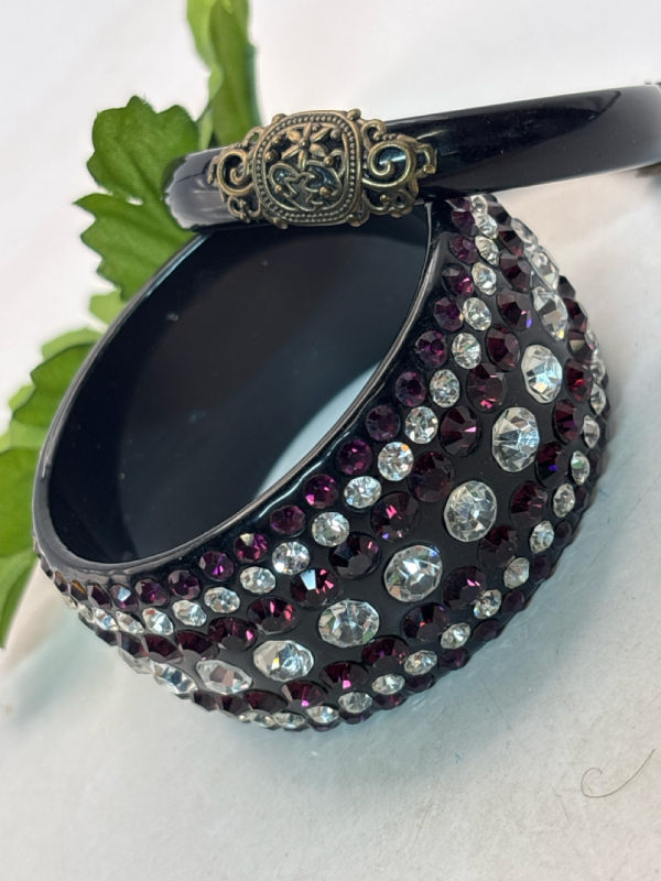 Statement Wide Purple + Clear Set Rhinestone Bangle + Scrolled Black Bangle