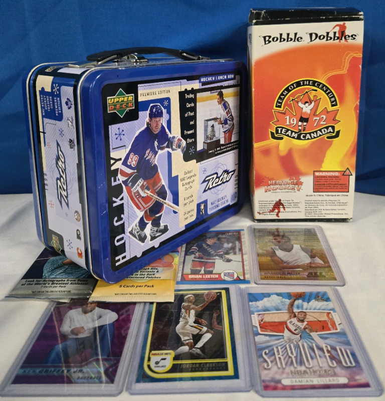 New | Collectible Sports Lot Includes | Hockey Cards, Upper Deck Metal Lunch Box & 1972 Hand Painted Bobble Head Doll