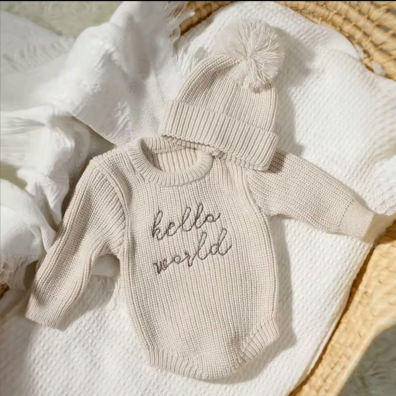 New: No Size - 7" Shoulder to Shoulder x 12" Top to Bottom - Newborn Baby Hello World Romper With Hat