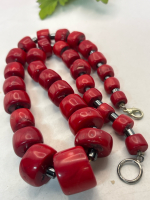 Chunky Red Coral Tube Barel Necklace 24 Inch Wearable