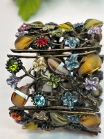 Vintage Colorful Floral Rhinestone Memory Wire Panel Cuff Bracelet