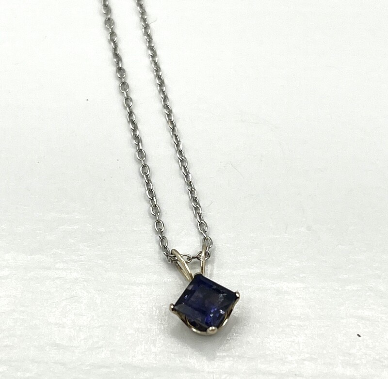 New | 14KT White Gold Natural Iolite Pendant with Sterling Silver Chain, Retail $350.00.