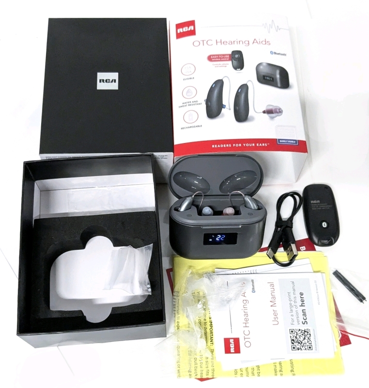 As-New RCA OTC Hearing Aids with Remote Control & Charging Case : RSH082GM | Retails $499!