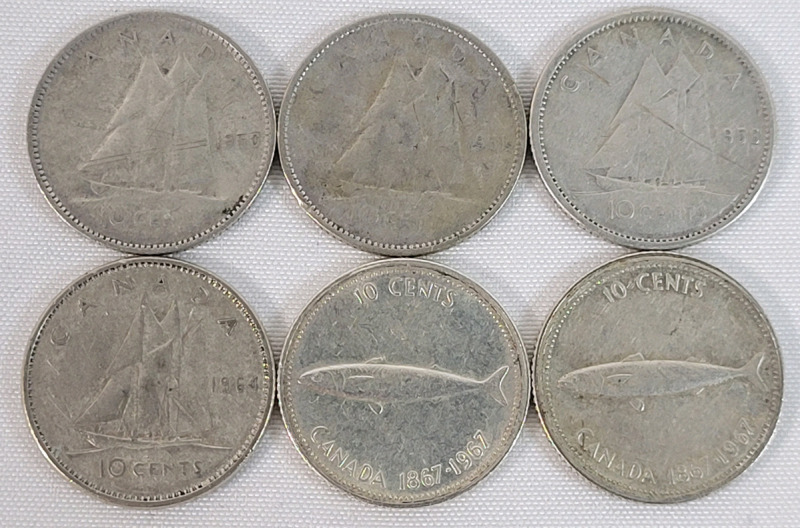 1950 - 1967 Canadian Silver Dime Lot . 1950 , 1951 , 1956 , 1964 & 1967 &times;2 . Six (6) Dimes