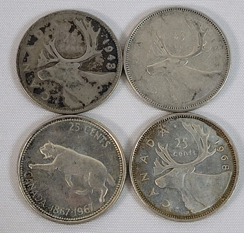 1943 - 1968 Canadian Silver Quarter Lot . 1943 , 1965 , 1967 & 1968 . Four (4) Coins