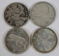 1943 - 1968 Canadian Silver Quarter Lot . 1943 , 1965 , 1967 & 1968 . Four (4) Coins