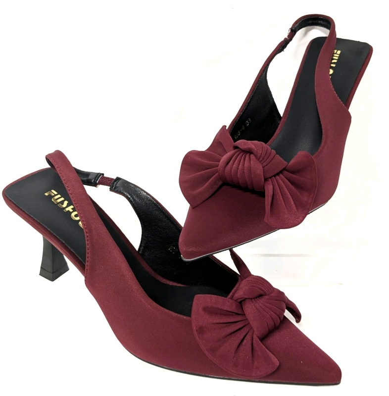 New Size EU38 Women's Burgundy Bow Detail Slingback Kitten Heels 3"