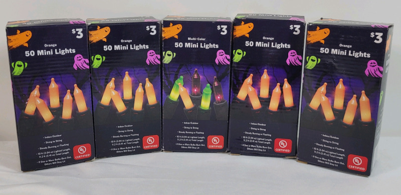New - Five (5) Boxes Indoor/Outdoor Orange & Multi-Color String Lights . 50 Mini Lights Per Box