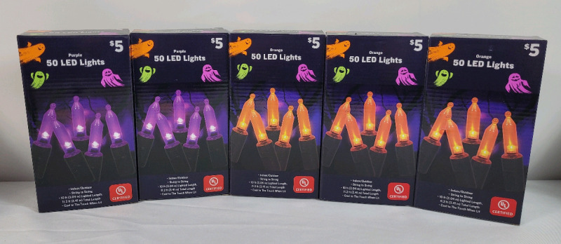 New - Five (5) Boxes Indoor/Outdoor Purple & Orange LED String Lights . 50 Lights Per Box