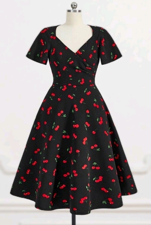 New Size 3XL Women's Cherry Print Sweetheart Neckline Dress