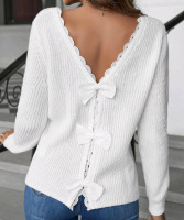 New - Sz. Large Women's Lace Bow Back Eyelet Detail Sweater , White