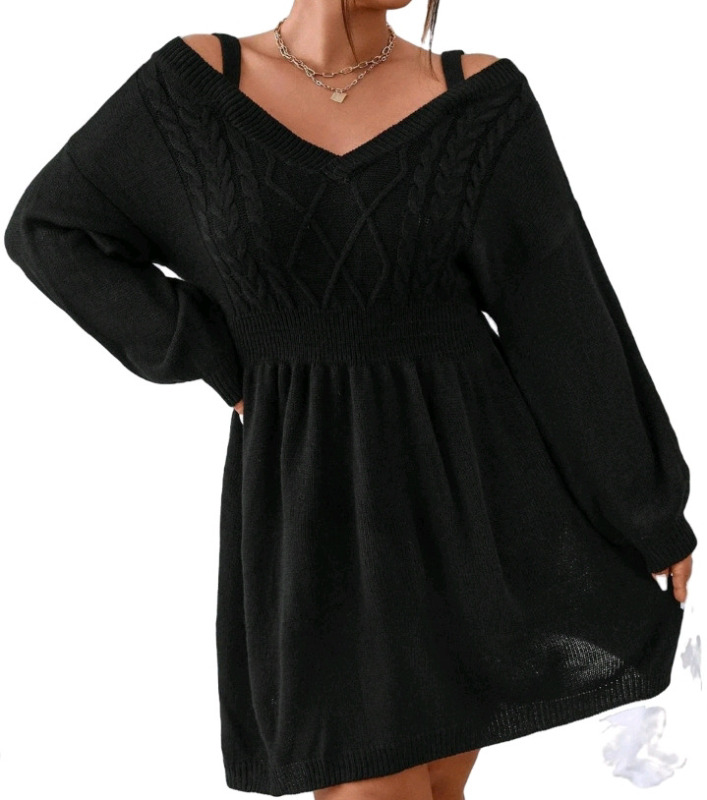 New | 2XL Womens Casual Plain Cold Shoulder Long Sleeve Black Plus Size Sweater Dress