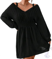 New | 2XL Womens Casual Plain Cold Shoulder Long Sleeve Black Plus Size Sweater Dress