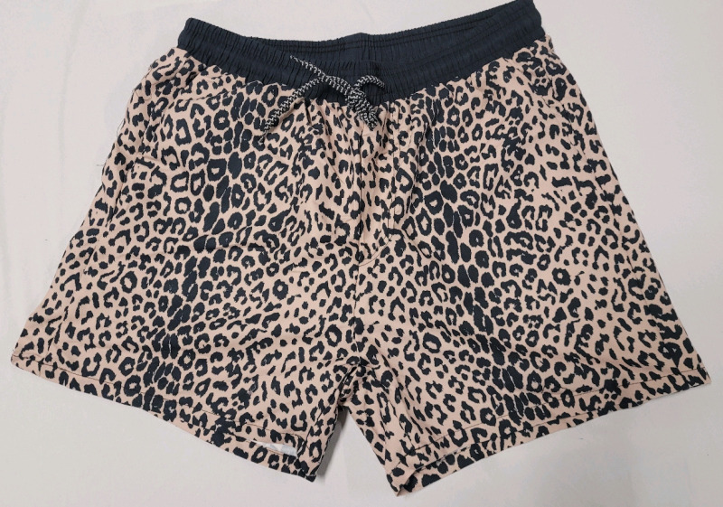 New - Sz. Large Men's Leopard Print Swim Shorts w/Elastic Waist & Tie-Up String