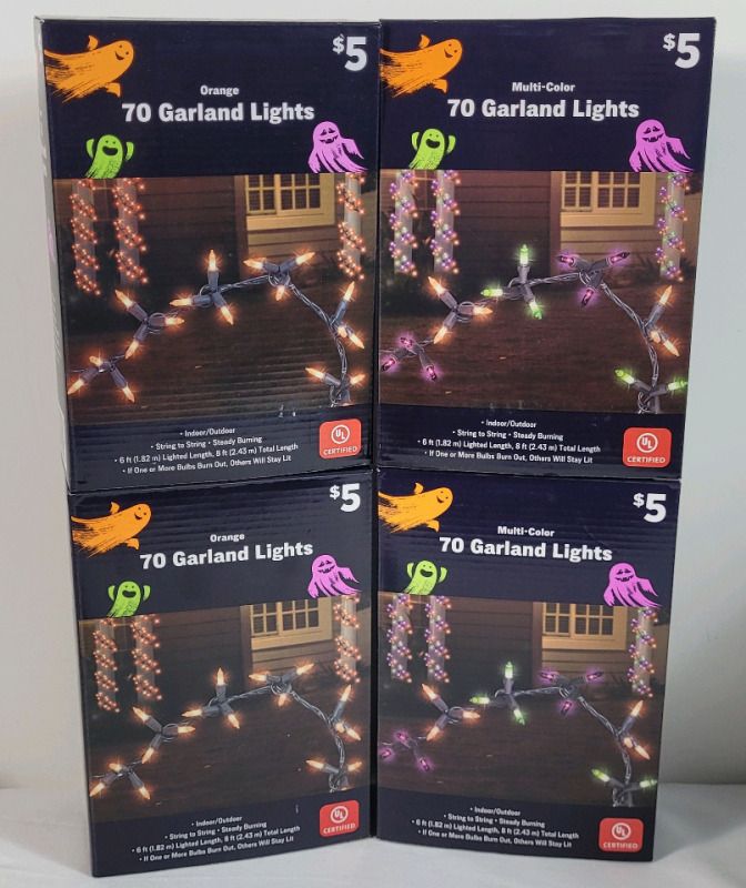 New - Four (4) Boxes Indoor/Outdoor Orange & Multi-Color Garland String Lights . 70 Lights Per Box