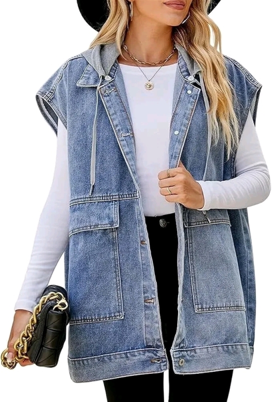 New sz Medium Women's Oversize Vest with Cotton Detachable Hoodie