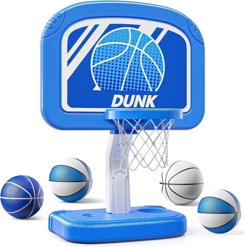 New TEMI Swimming Pool Basketball Hoop, Adjustable Poolside Hoop with 4 Balls and Pump, Retails for 50$ US