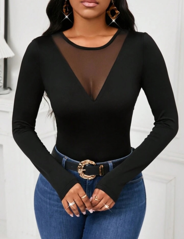 New 0XL Elegant Mesh Splice Fitted Long Sleeve T-Shirt