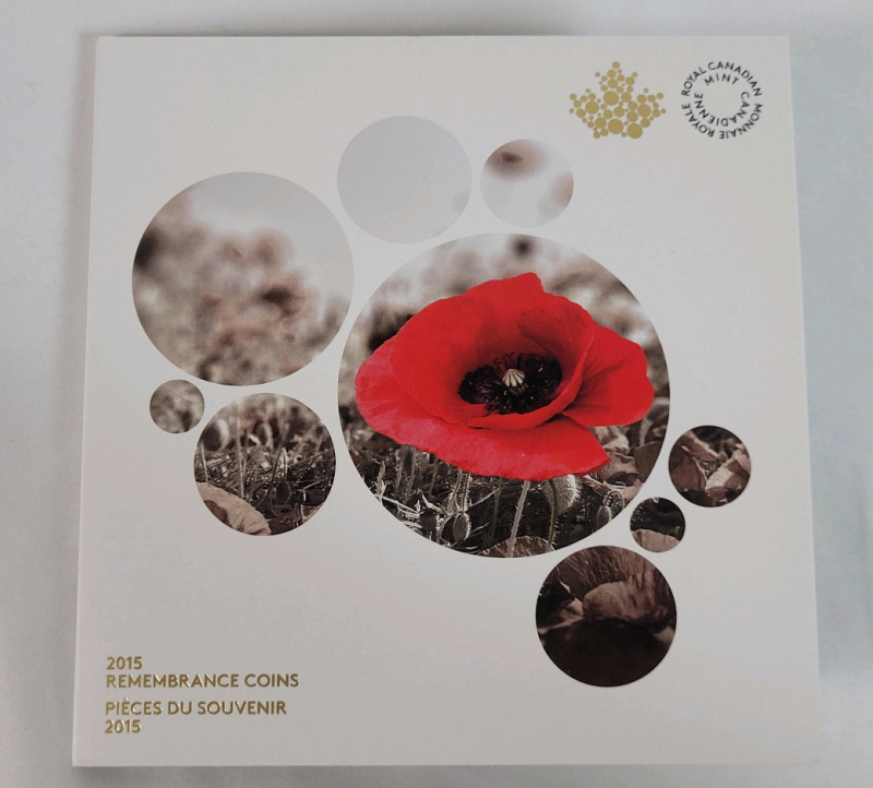 2015 Canadian Remembrance Coin Set . Includes Colored Poppy Quarter