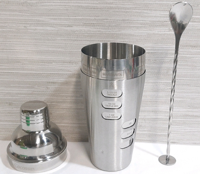 New Stainless Steel Cocktail Shaker Set w/ Caps & Stirring Spoon