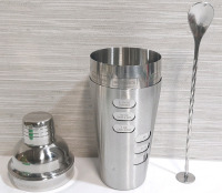 New Stainless Steel Cocktail Shaker Set w/ Caps & Stirring Spoon