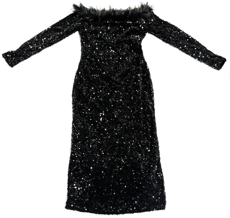 New Size Large Women's Dazy Fitted Lined Black Sequin Maxi Dress w Whispy Feather-Like Faux Fur Trim, Back Bottom Slit & Back Zipper