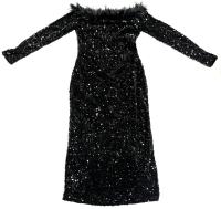 New Size Large Women's Dazy Fitted Lined Black Sequin Maxi Dress w Whispy Feather-Like Faux Fur Trim, Back Bottom Slit & Back Zipper