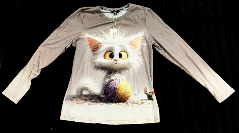 New Size Med Women's ShallWe Adorable Frazzled Kitten Long-Sleeve Shirt w Front & Back Print