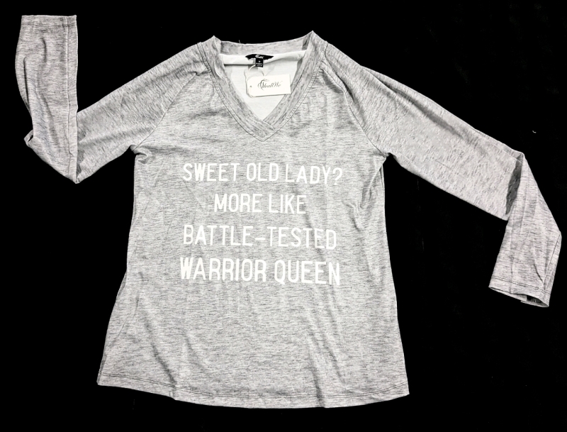 New Size Med Women's ShallWe "Sweet Old Lady? More Like Battle-Tested Warrior Queen" Print Long-Sleeve Shirt
