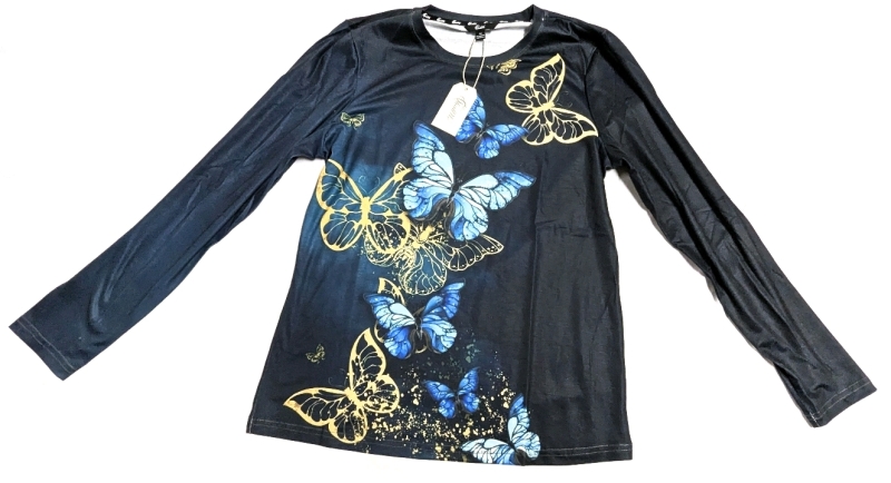 New Size Med Women's ShallWe Blue Butterflies Long-Sleeve Shirt w Front & Back Print