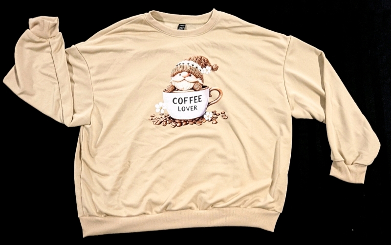 New Size XL Women's Adorable Coffee Lover Gnome Lightweight Crewneck Sweater