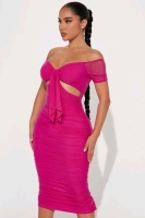 New sz Large Women's Fashion Nova Simple And Sweet Mesh Ruched Dress - Fuchsia