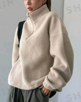 New - Sz. Medium Dazy Star Series Half Zip Drop Shoulder Drawstring Hem Teddy Sweatshirt , Beige