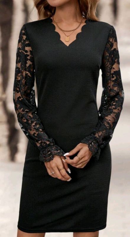 New - Sz. Large Women's EMERY ROSE Women Lace Patchwork Long Sleeve Shell Trim Minimalist Short Dress , Black