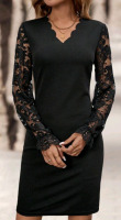 New - Sz. Large Women's EMERY ROSE Women Lace Patchwork Long Sleeve Shell Trim Minimalist Short Dress , Black