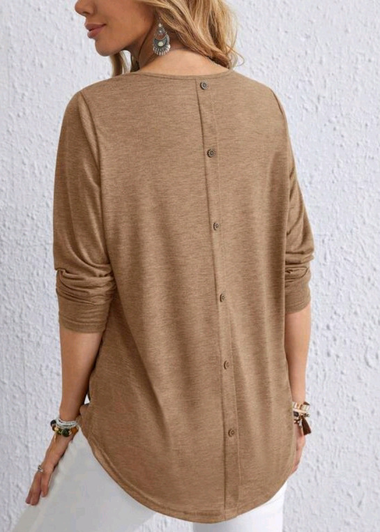 New - Sz. XXL Women's Emery Rose Crew Neck Long Sleeve Ribbed Back Button Up Casual T-Shirt , Light Brown