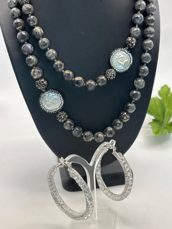 Knotted Black Stone Necklace MOP Links with Rhinestone Frames Fabulous Large Crystal Hoop Earrings