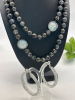 Knotted Black Stone Necklace MOP Links with Rhinestone Frames Fabulous Large Crystal Hoop Earrings