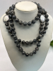 Knotted Black Stone Necklace MOP Links with Rhinestone Frames Fabulous Large Crystal Hoop Earrings - 3