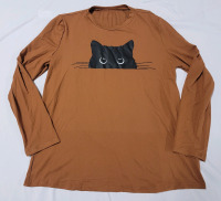 New - Sz. Large Women's Cartoon Cat Printed Loose Fit Crew Neck Long Sleeve Shirt