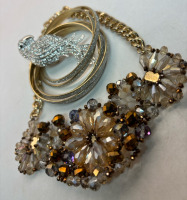 Parrot Pave Brooch / Statement Beaded Necklace / 6 Crystal Encrusted Bangles
