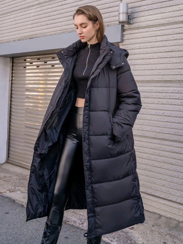 New Size Large Women's Dazy Slant Pocket Longline Winter Puffer Coat with Attached Hood