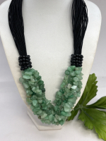 Green Adventurine +!Black Bead Multi Strand Necklace Vintage Button Clasp 16 Inch