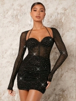 New Size Large Women's BAE Tie Backless Ruched Sequin Mesh Bodycon Dress
