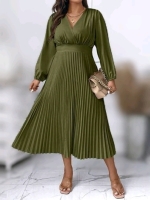 New Size 3XL Women's Elegant V neck A Line Long Sleeve Olive Green Super Pleated Maxi Dress
