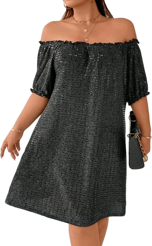 New Size 2XL Women's Bae Plus Contrast Sequin Frill Trim Off Shoulder Short Puff Sleeve Mini Dress