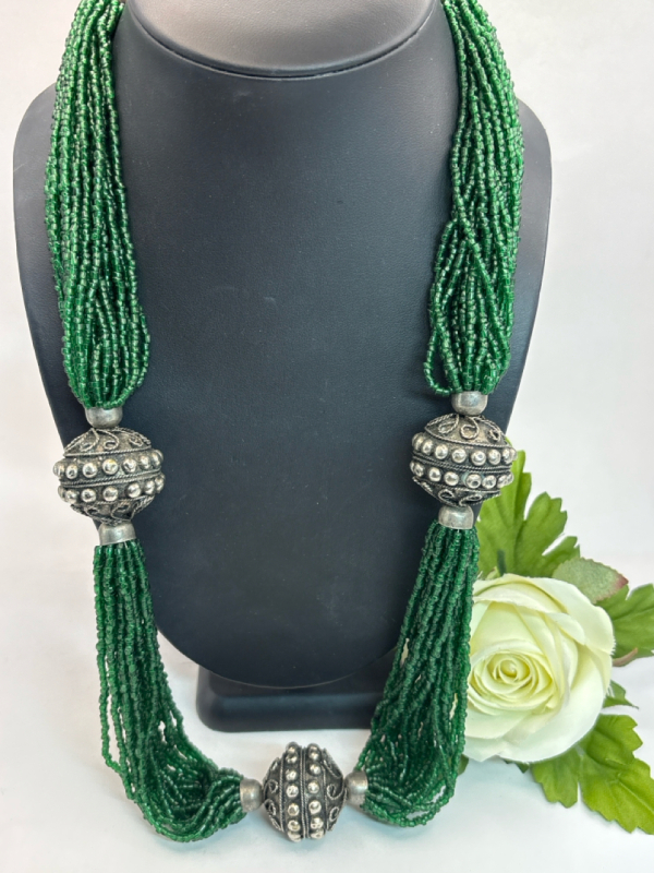 Antique Jerusalem Beaded Long Emerald Green Necklace